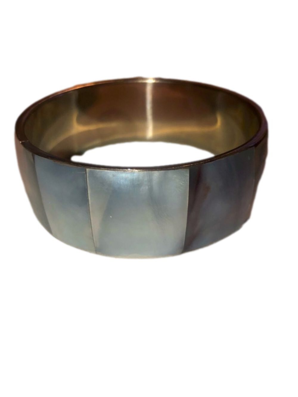 VTG Blue Mother of Pearl Square Tile Inlay Wide Bangle Silver Metal 8” C 2.6” D